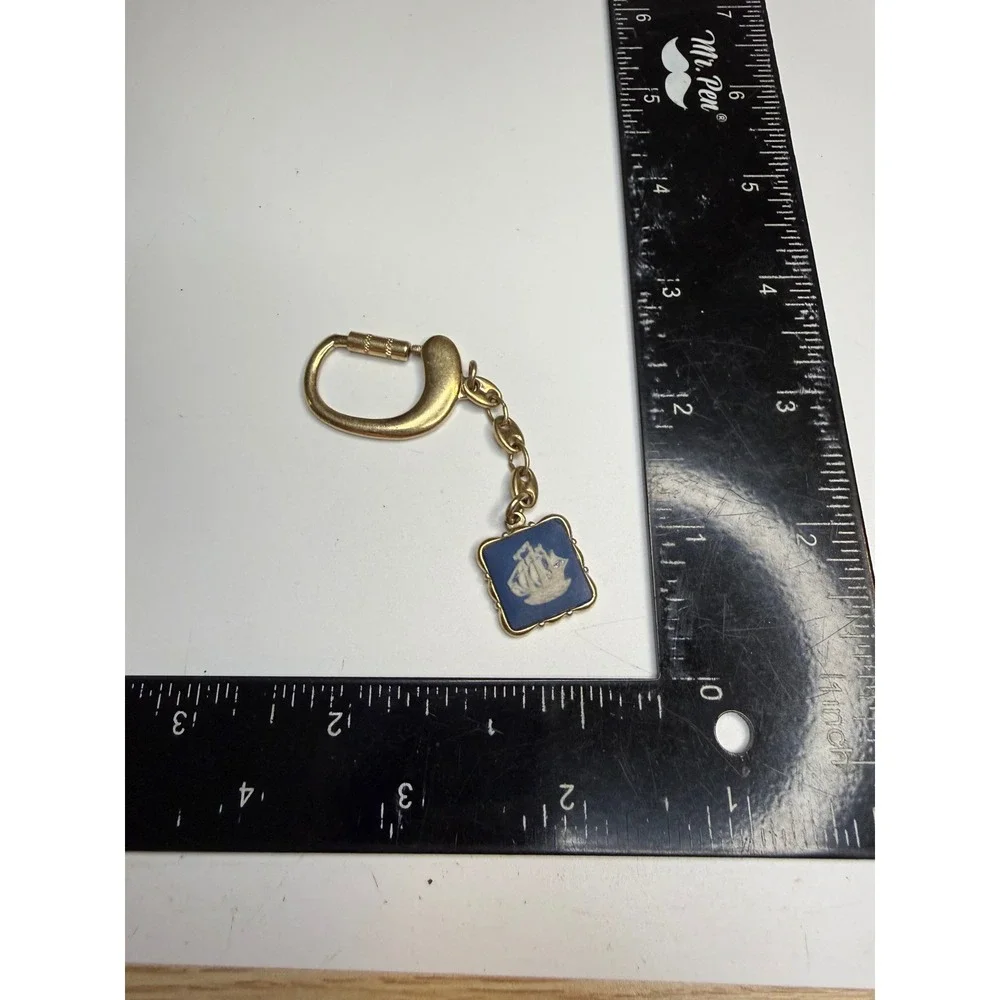 Wedgwood Blue Jasperware Sailing Ship Keychain Gold Tone Made in England